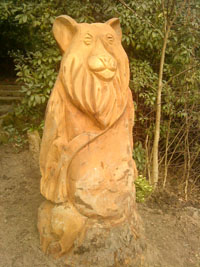 Wooden sculpture of a bear situated at the bottom of one of the paths in Town Wood.