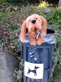 Picture of toy dog in the doggie waste bin.